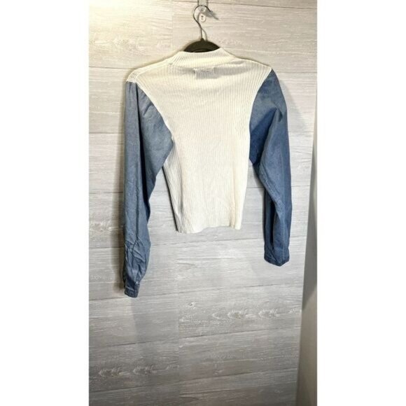 Say What? Women's Mock Neck Ribbed Knit Sweater with Denim Long sleeves - Picture 3 of 5